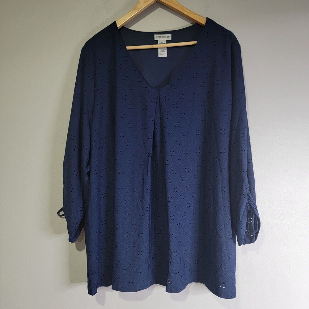Catherines Womens 2X Navy Blue‎ Eyelet Top 3/4 Ruched Tie Sleeves Lined